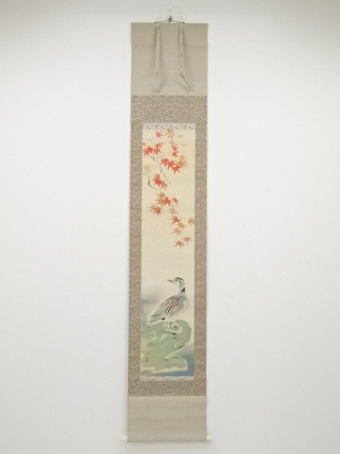 JAPANESE HANGING SCROLL / HAND PAINTED / DUCK & MAPLE